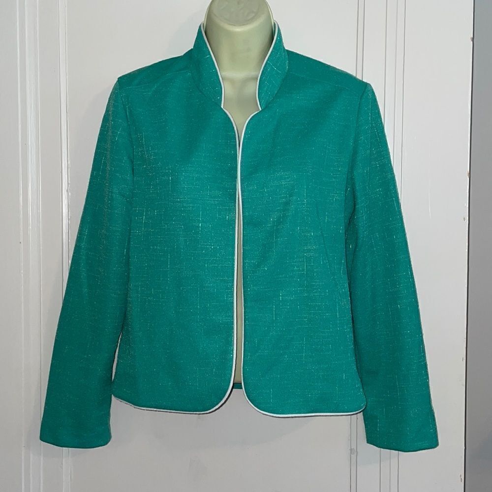 Vtg 70s/80s green with white trim polyester knit open‎ front short jacket